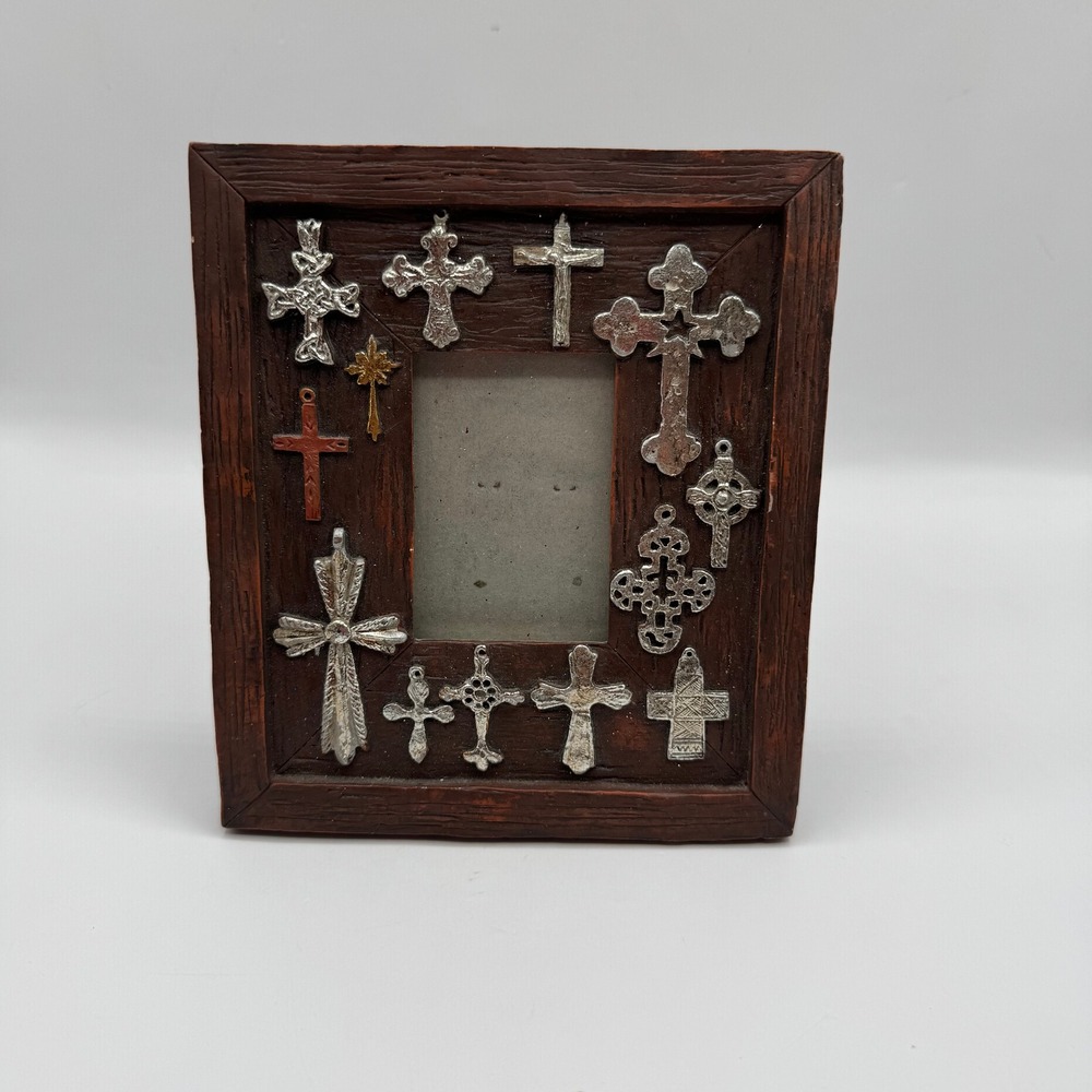 Handmade Cross Picture Frame Brown Wood Metal Religious Rustic
